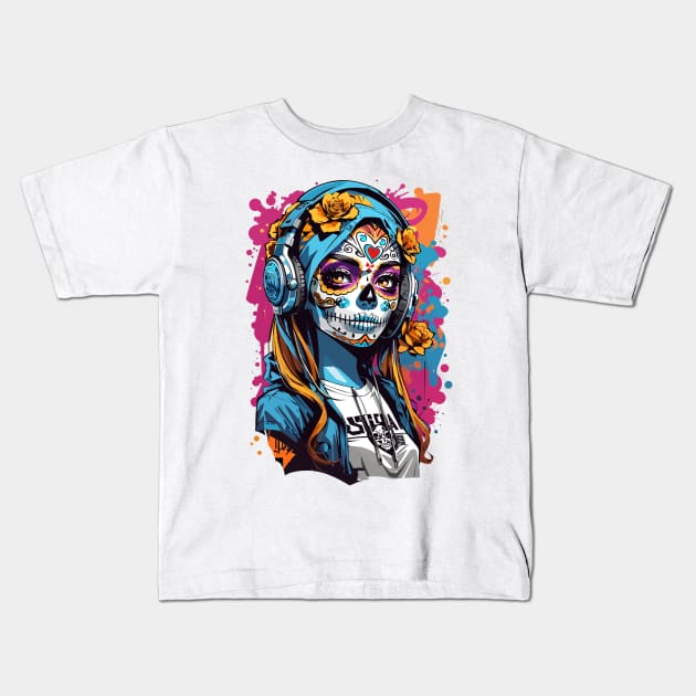 Girl with a skill mask paint and headphones Kids T-Shirt by therustyart